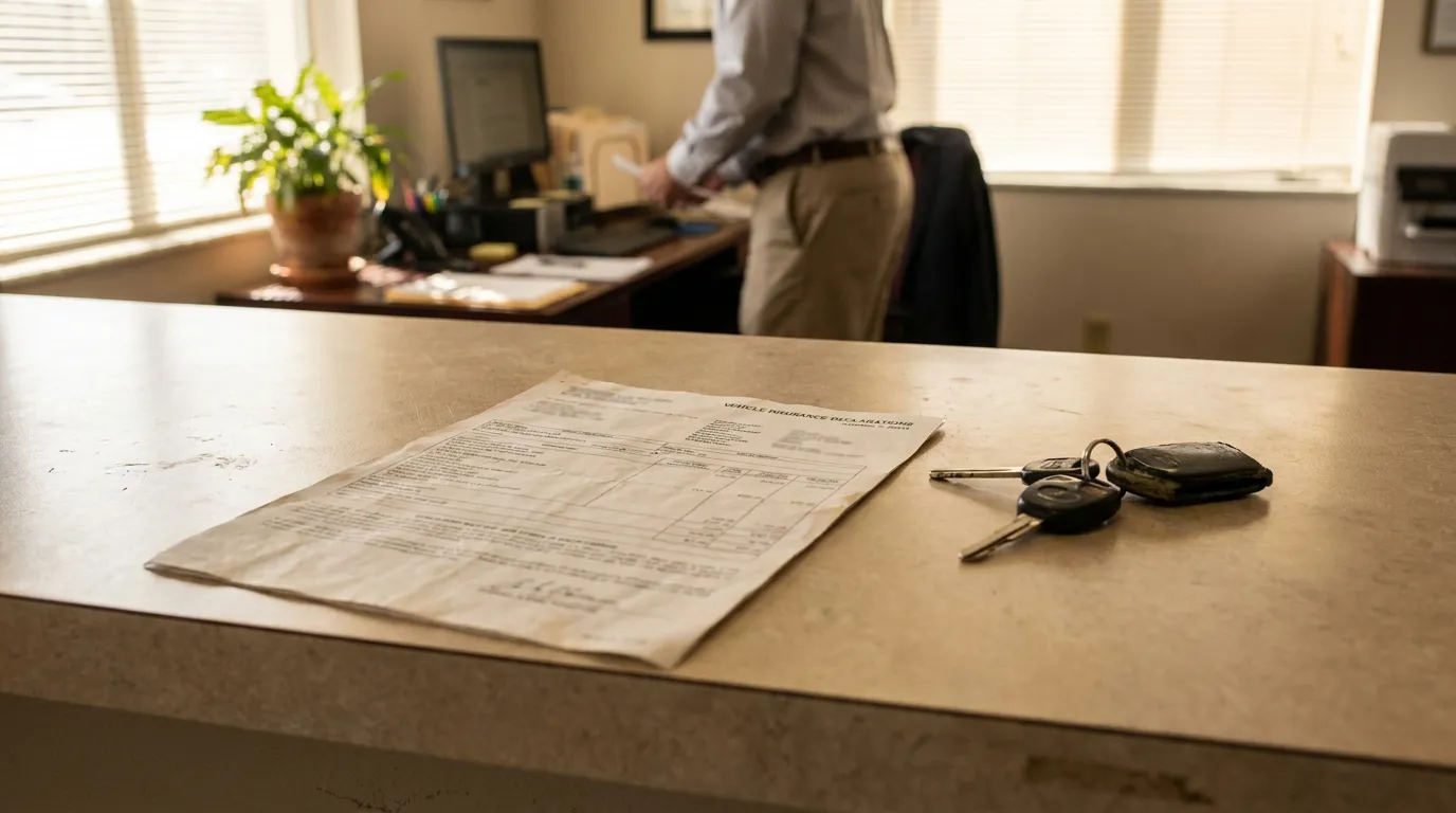 Fort Walton Beach Rear-End Collision Insurance Claim Attorney vehicle insurance declarations document and car keys on office counter