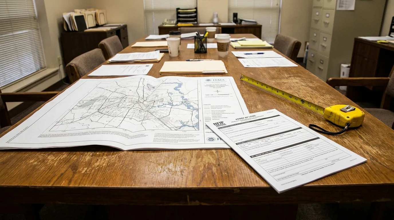 Houston NFIP Flood Claim Adjuster Review Table FEMA flood map and NFIP Proof of Loss form with tape measure on conference table
