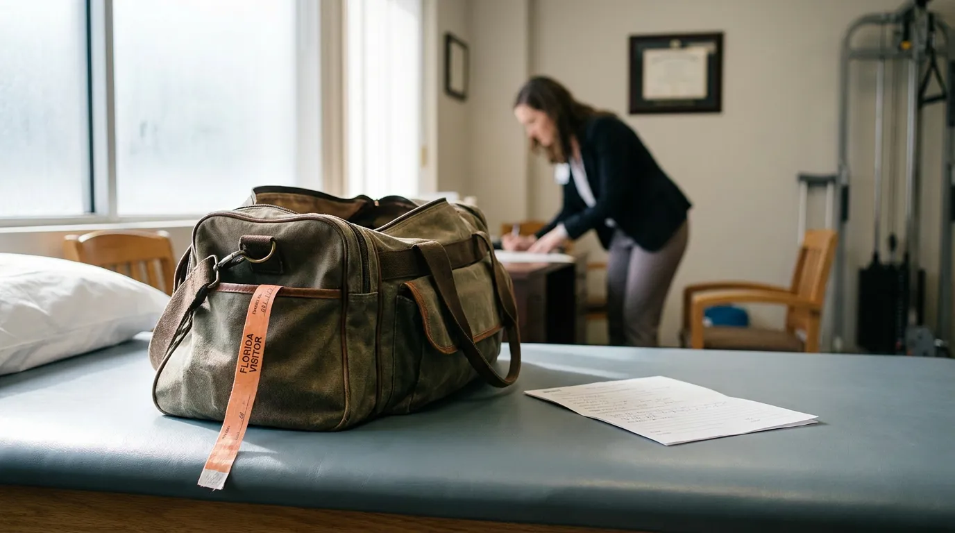 Tourist Filing Lyft Injury Claim in Fort Lauderdale Florida duffel bag with Florida Visitor wristband on medical exam table with document