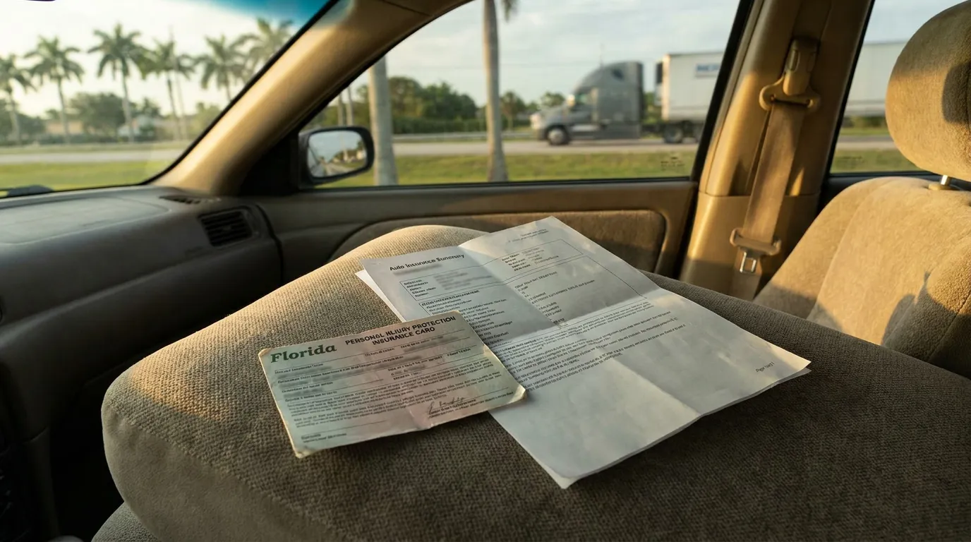 Florida PIP Insurance Card on Car Seat Near Ft Lauderdale Truck Florida Personal Injury Protection insurance card and auto insurance summary on car seat