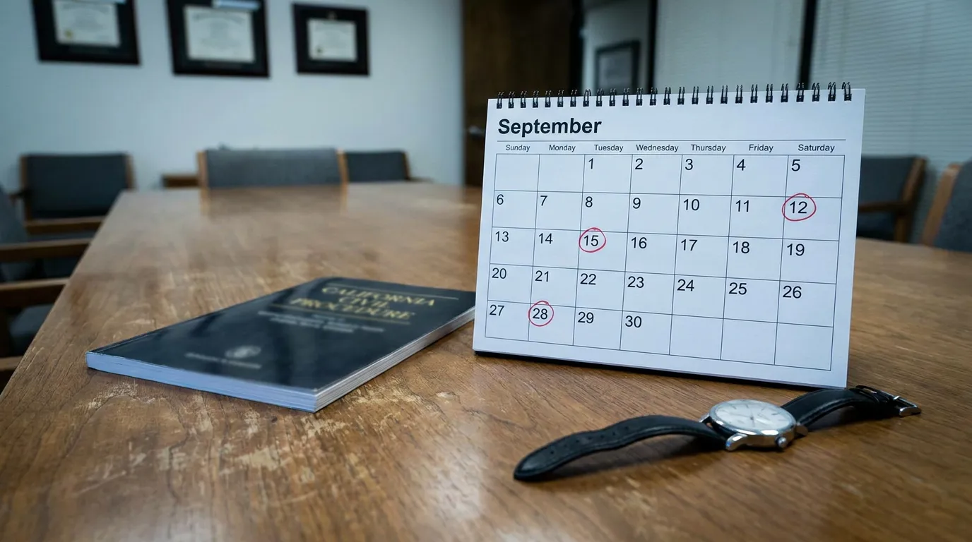 California Civil Procedure Book Calendar Harassment Deadline Redondo Beach September desk calendar with circled dates beside California Civil Procedure book and wristwatch