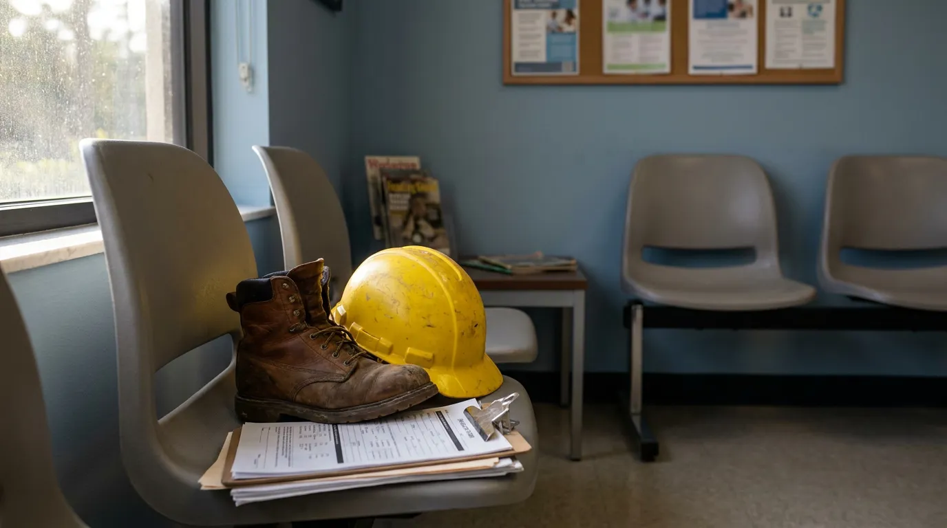 construction hard hat and work boot resting on clipboard with documents in waiting room