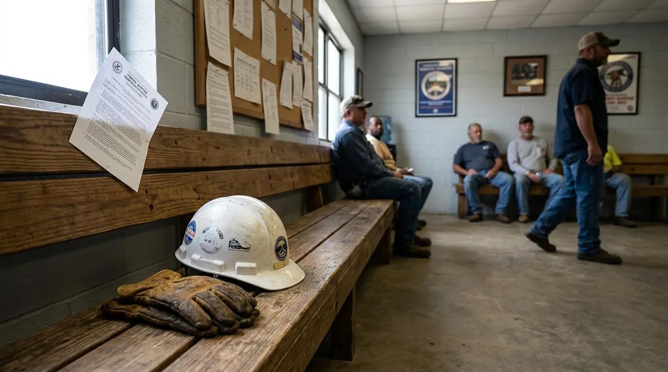 Panama City Longshore Workers Waiting in Harbor Union Hall hard hat and work gloves on bench with workers seated in workplace break room