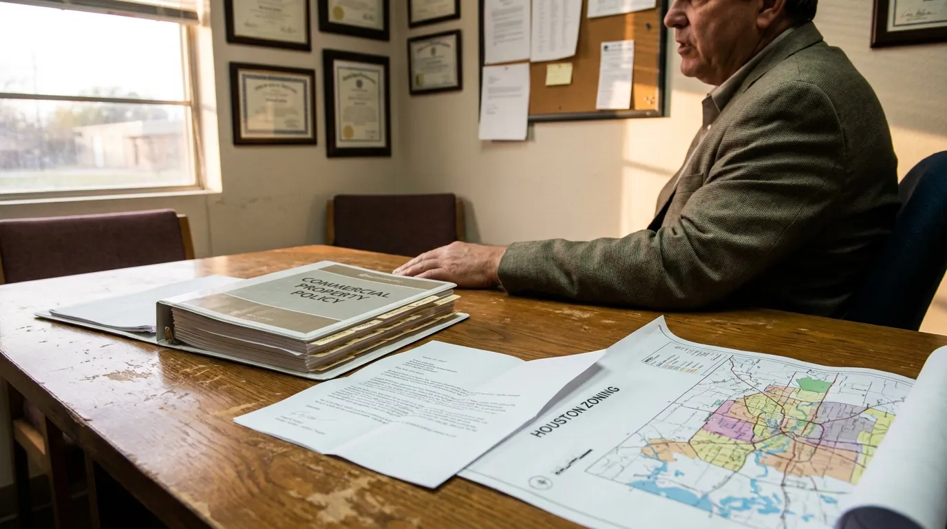 Houston Commercial Property Claim Lawyer Reviewing Denied Insurance Policy attorney seated at desk with Commercial Property Policy binder and Houston Zoning map