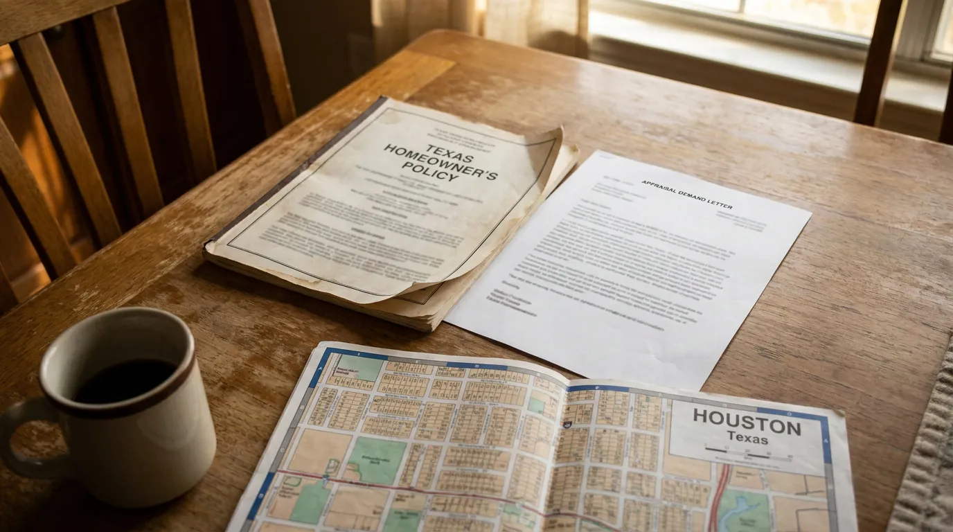 Houston Texas Homeowner Policy Appraisal Demand Letter Texas Homeowner's Policy document, appraisal demand letter, and Houston Texas map on wooden table