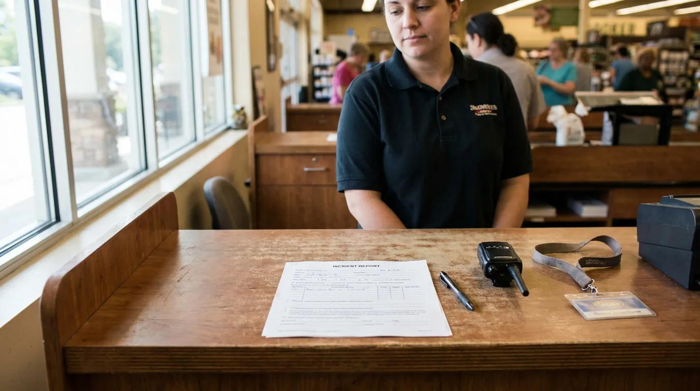 store employee standing at counter with incident report form and radio