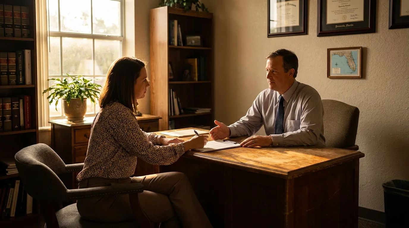 Pensacola Slip and Fall Attorney Consulting Client in Office attorney in tie meeting with client across wooden desk holding document and pen