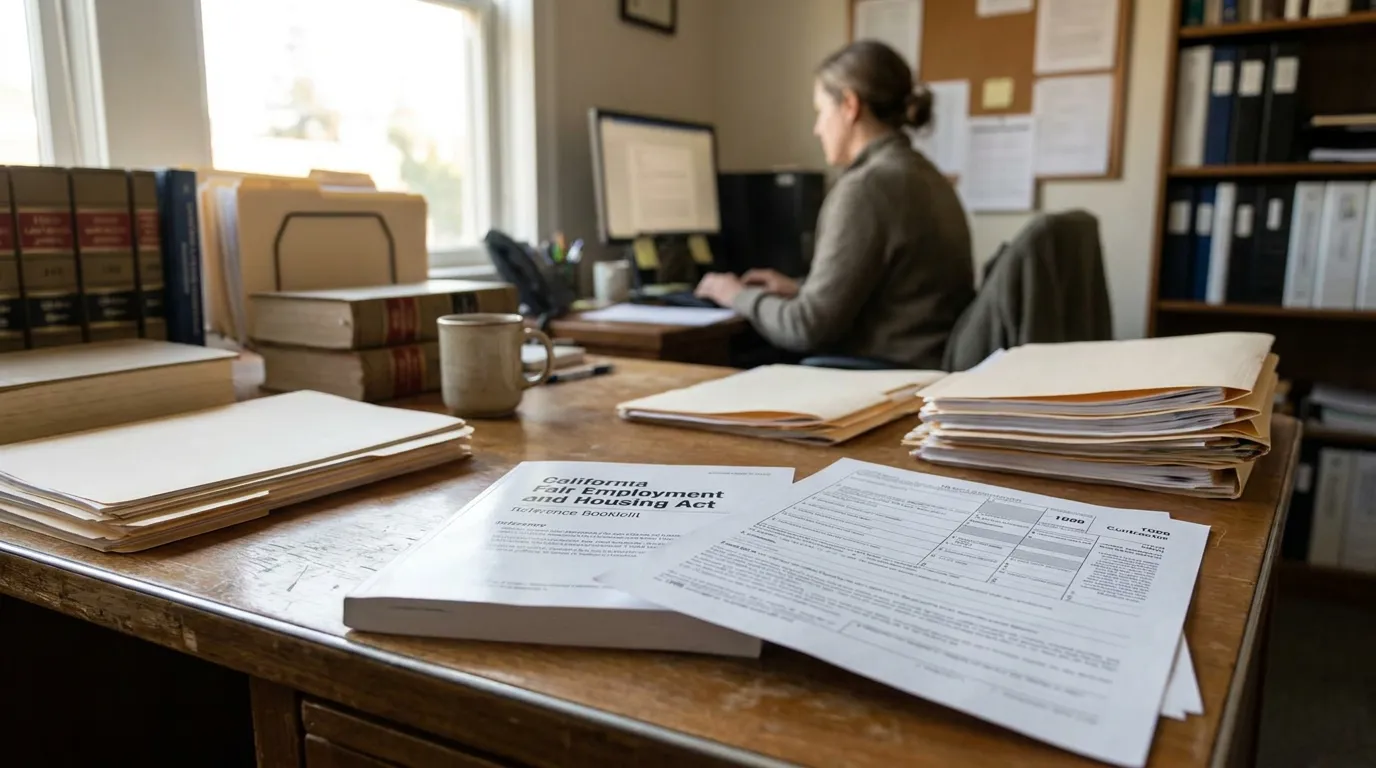 California FEHA Retaliation Protection 1099 Contractor Redondo Beach California Fair Employment and Housing Act reference booklet on cluttered legal office desk