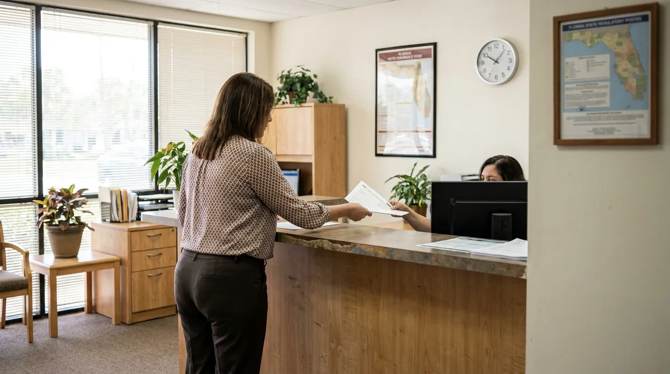 Filing a PIP Car Accident Claim at Ft Lauderdale Insurance Office client handing document to receptionist at law firm front desk