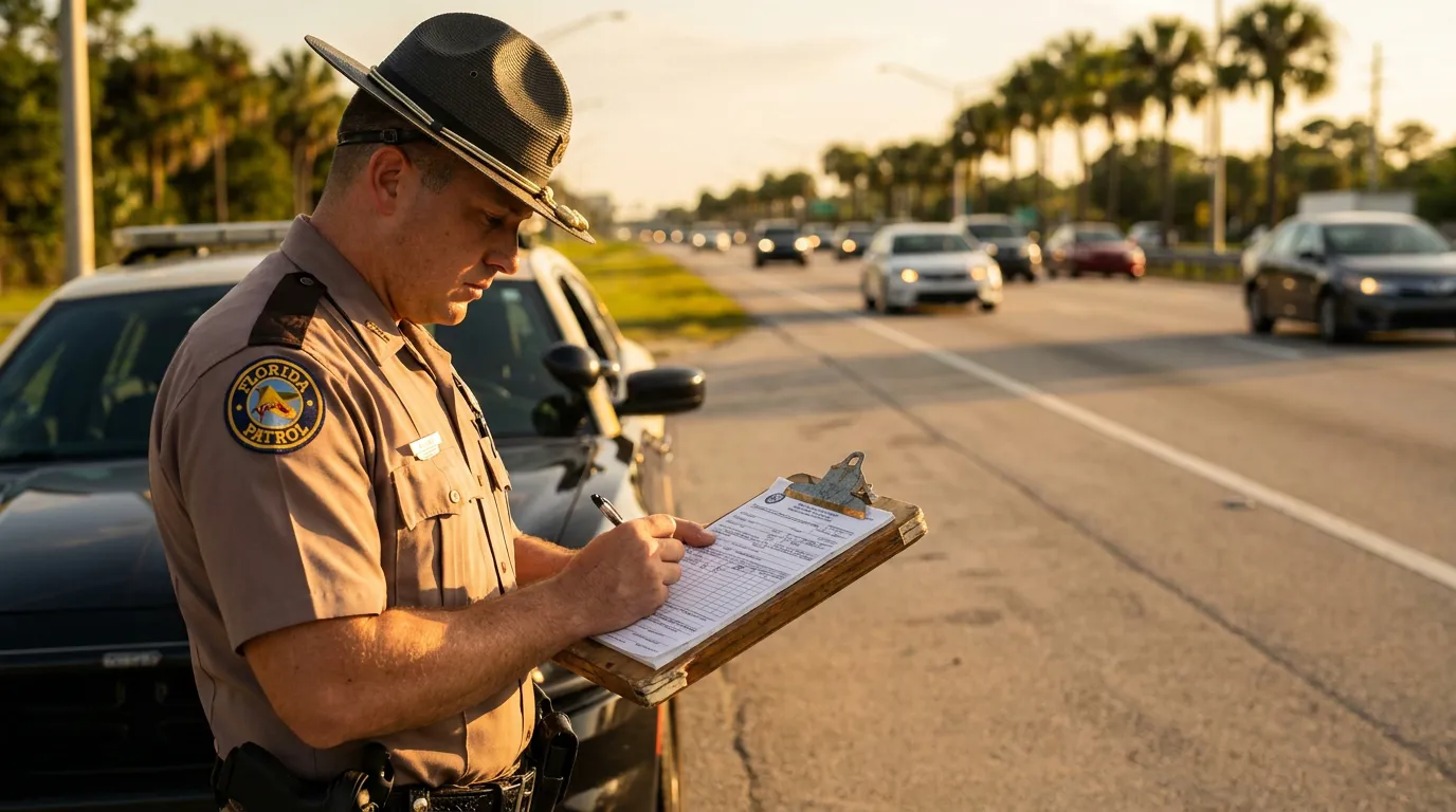 Florida Patrol officer writing report on clipboard beside highway traffic