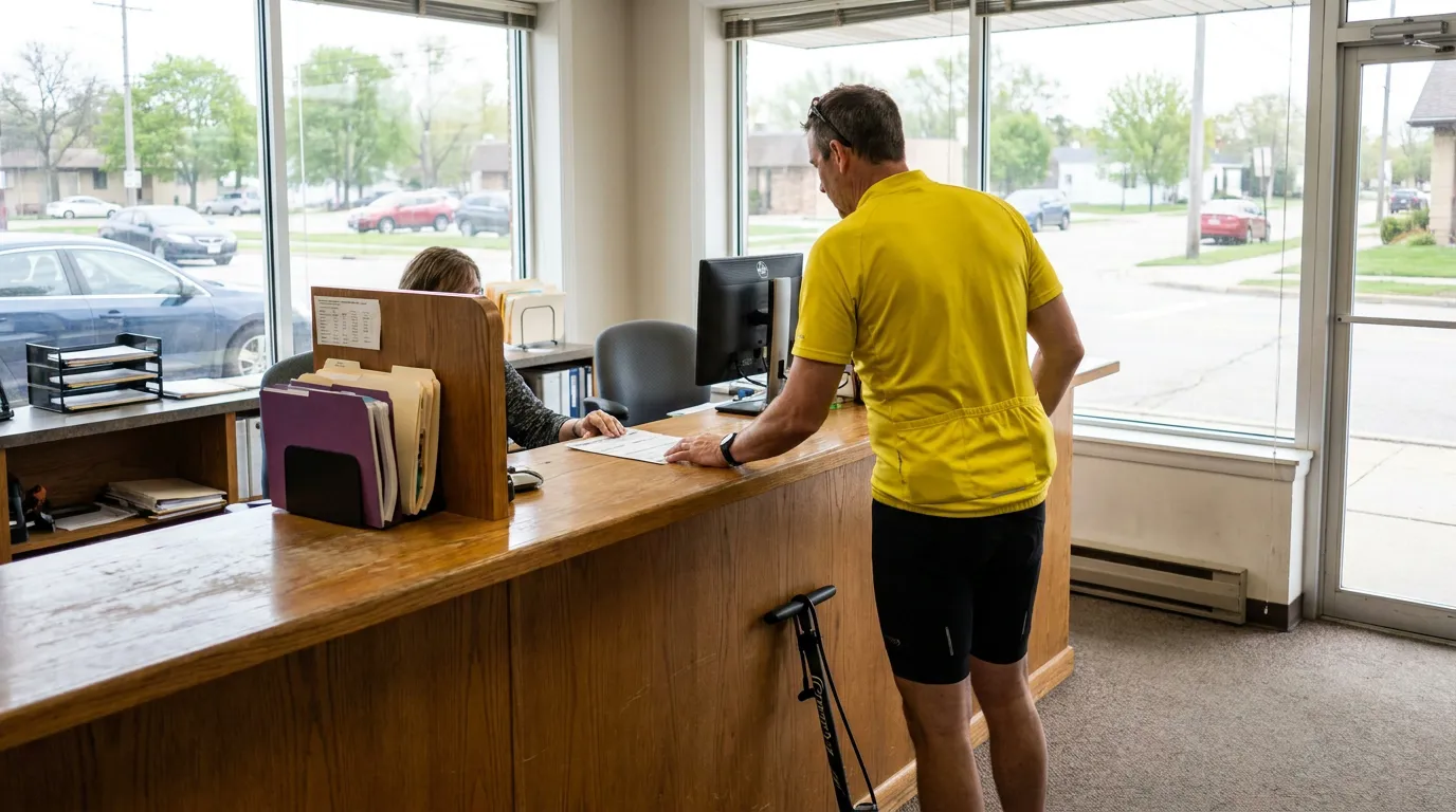 Green Bay Cyclist Filing Underinsured Driver Claim at Office client standing at reception desk reviewing document with office staff member