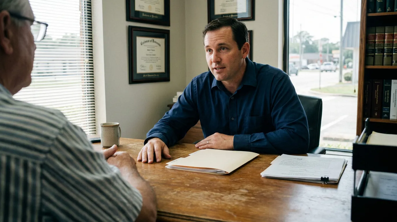Pensacola MVA Attorney Consulting Client on Florida Negligence Claim attorney consulting client across desk with framed certificates and law books visible