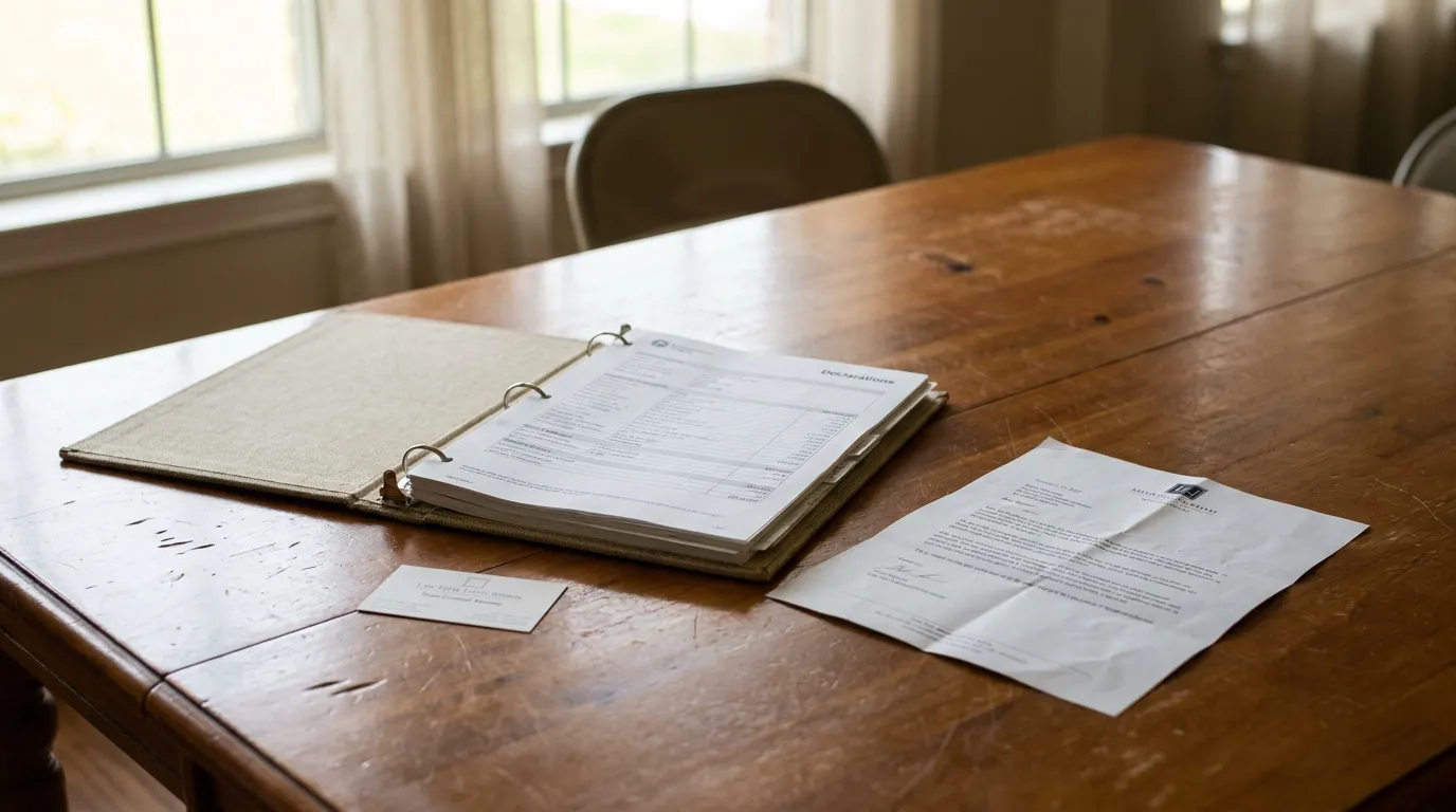 Houston Homeowner Denied Insurance Claim Documents on Table open declarations binder with signed letter and law firm business card on wooden table