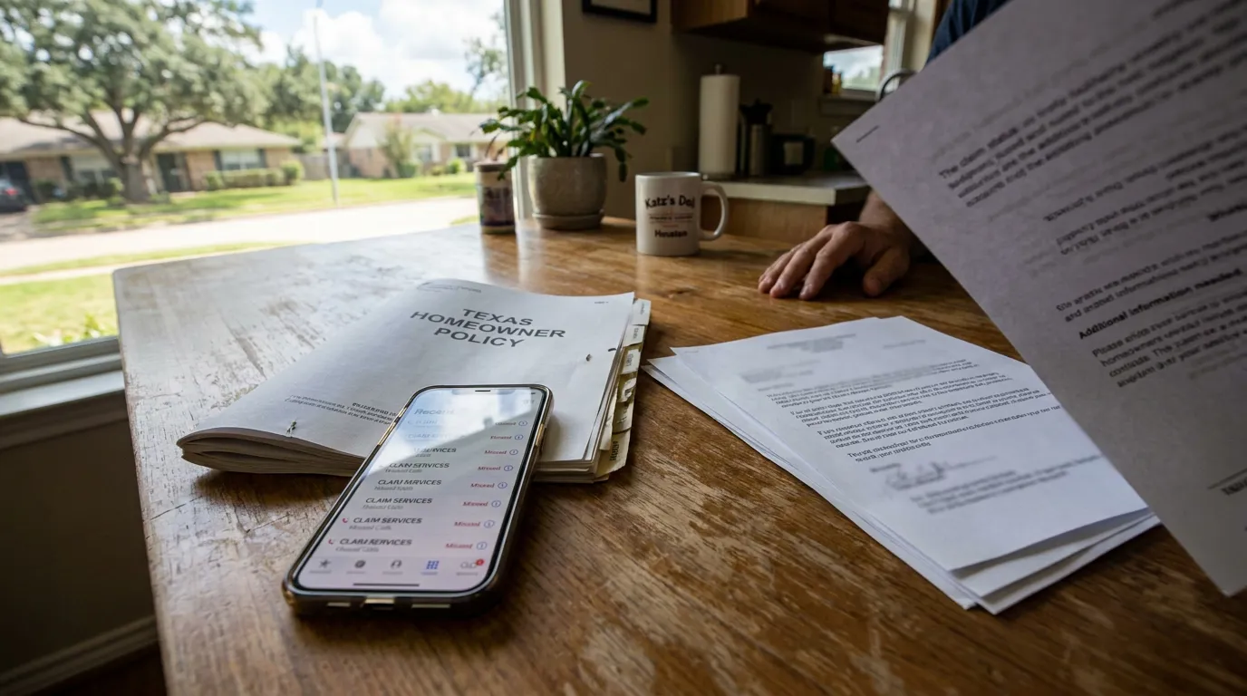 Houston Homeowner Reviewing Stalled Insurance Claim Documents Texas Homeowner Policy document beside phone showing missed Claim Services calls