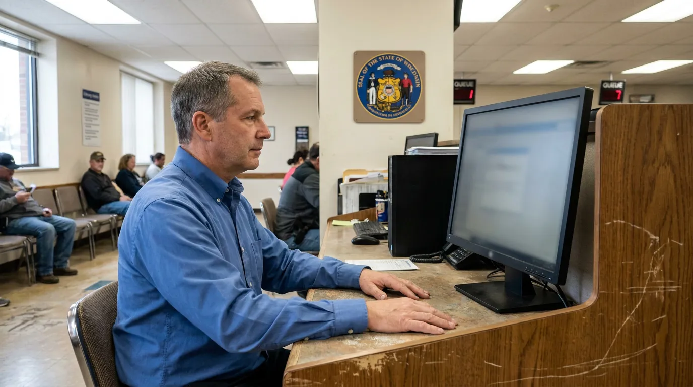 Madison WI DMV Clerk Reviewing Wisconsin OWI Driving Record man at desk using computer in Wisconsin state government office waiting room