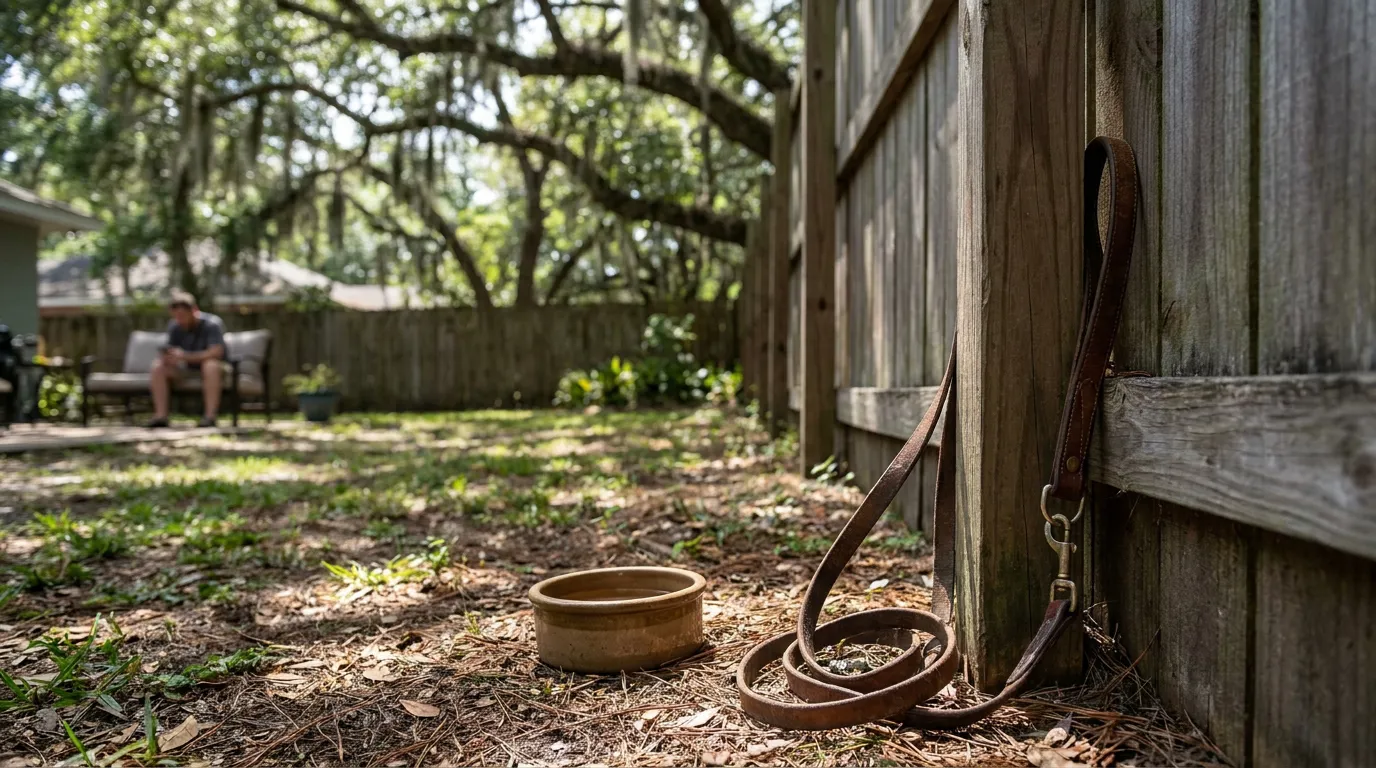 dog leash and empty bowl on ground beside wooden fence in backyard