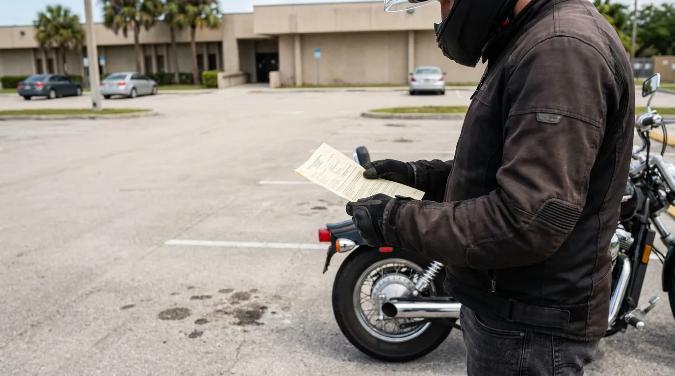 Ft Lauderdale Motorcyclist Reading Florida Lane Filtering Law Document helmeted motorcyclist in riding gear reviewing printed document beside parked motorcycle