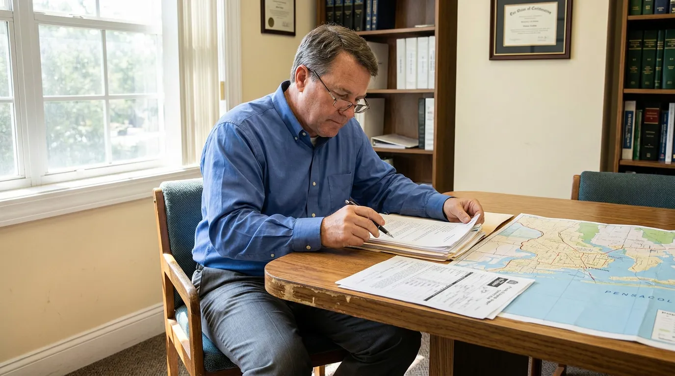 Pensacola Personal Injury Attorney Reviewing Pedestrian Accident Case attorney reviewing legal documents and Pensacola map at office desk with law books