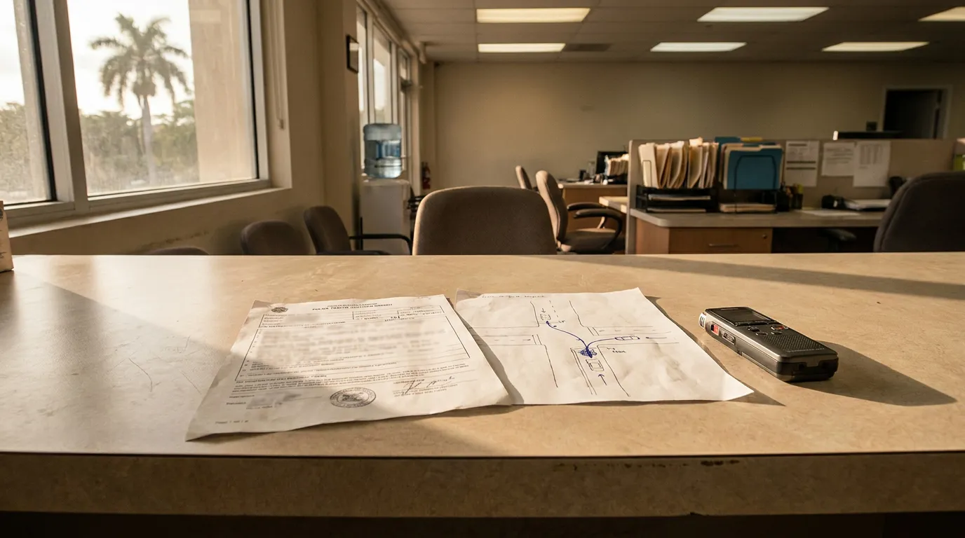 Fort Lauderdale Left-Turn Crash Police Report Evidence police traffic crash report and accident diagram on office desk with recorder