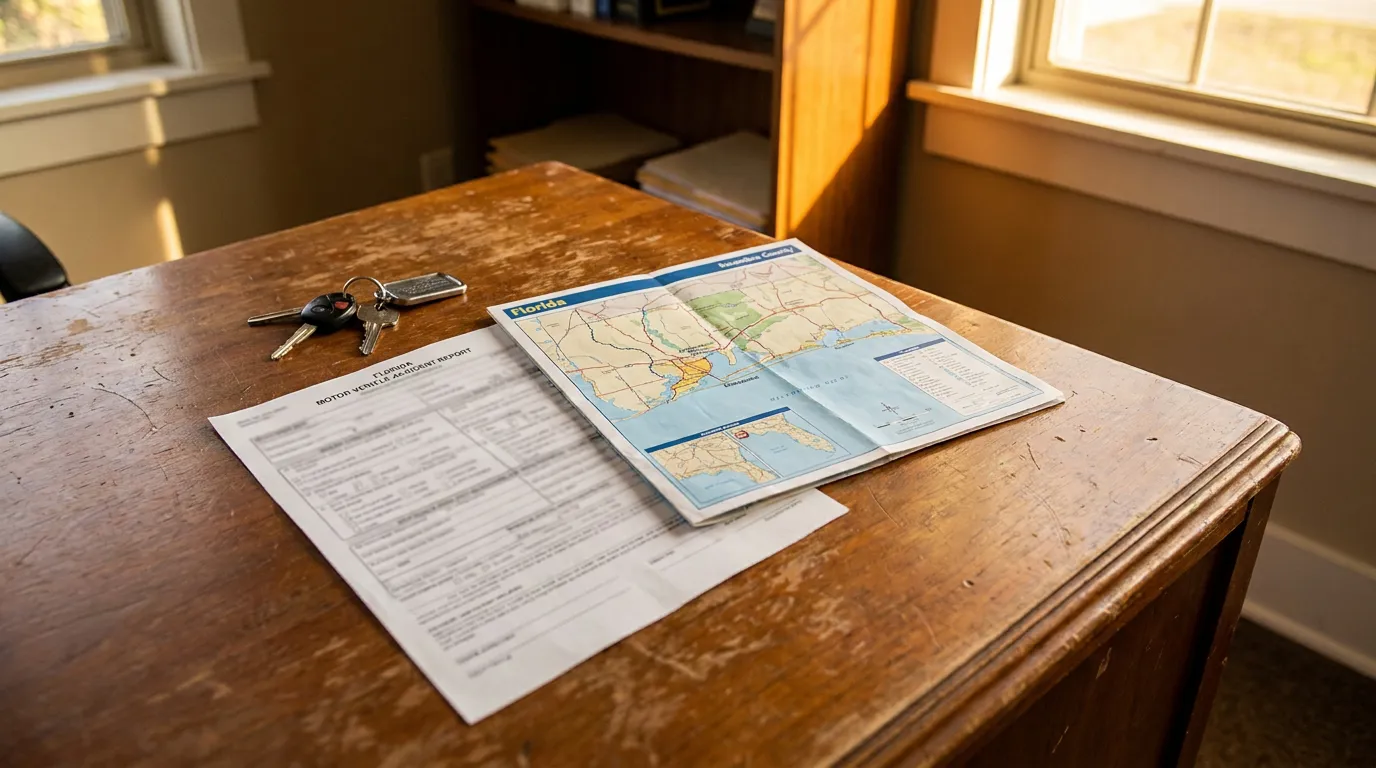 Florida Motor Vehicle Accident Report form, Florida map, and car keys on wooden desk