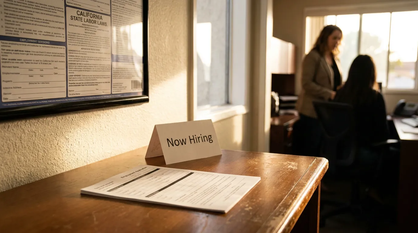 Redondo Beach Disability Hiring Discrimination Employment Application Now Hiring sign and employment application on desk beside California State Labor Laws poster