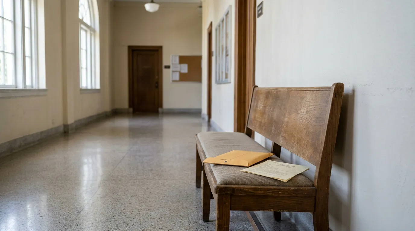 wooden bench with legal documents and envelope in courthouse hallway