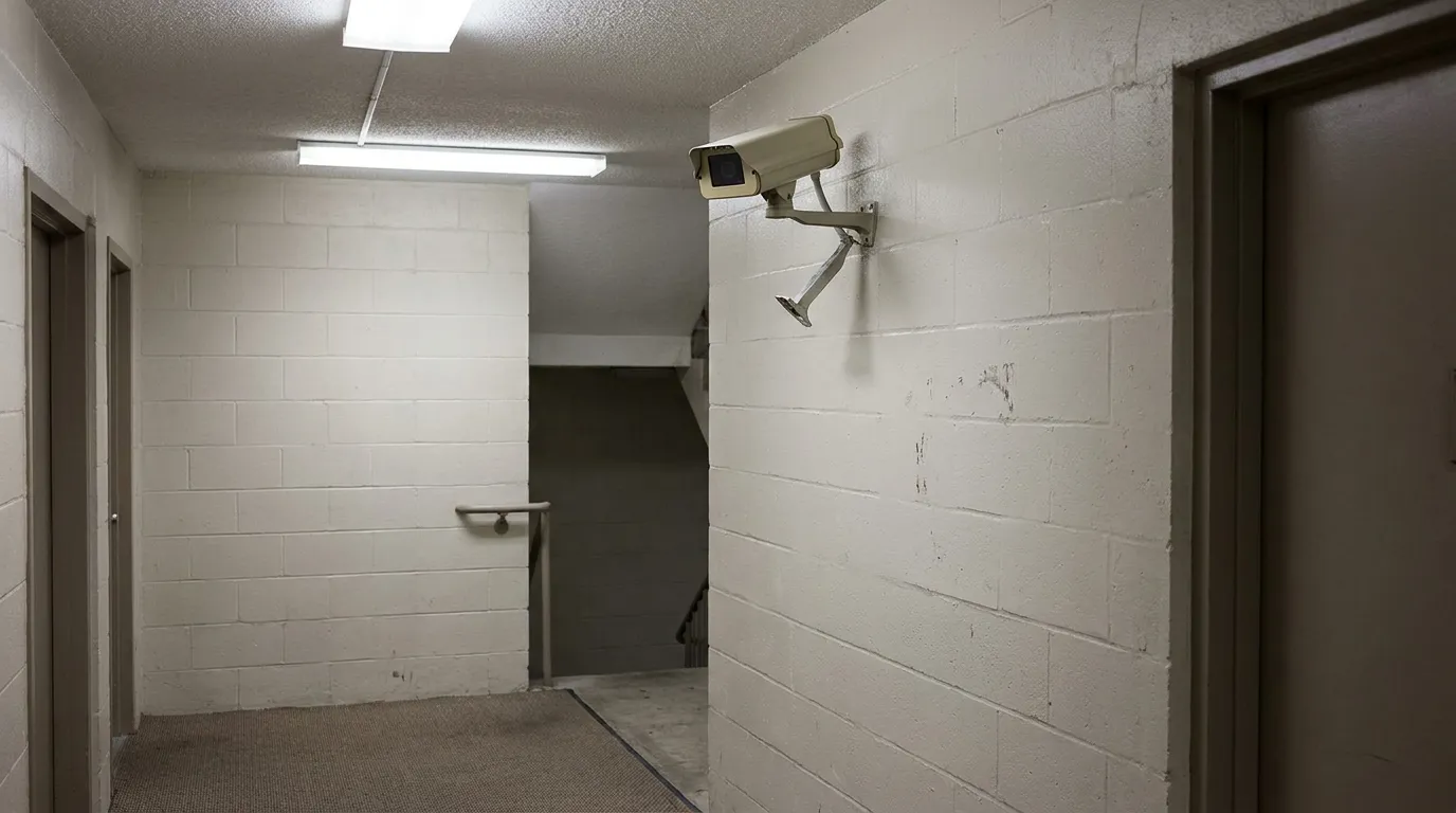 security camera mounted on brick wall in dimly lit building hallway