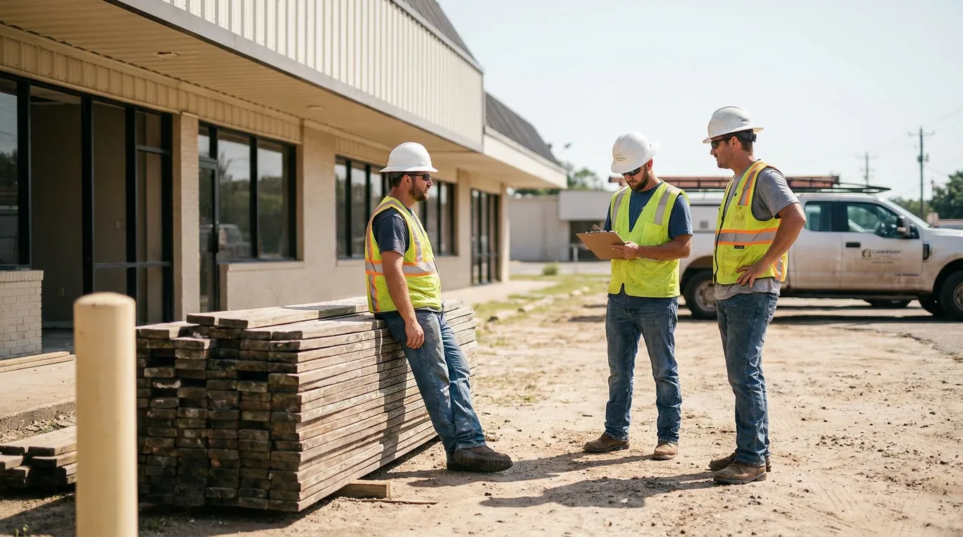 Pensacola Construction Workers Reviewing Workers Compensation Coverage three construction workers in hard hats reviewing clipboard near stacked lumber at job site