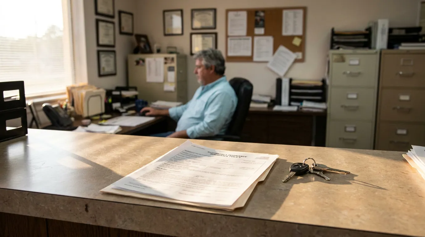 Pensacola Attorney Reviewing Florida Auto Insurance PIP Policy automobile insurance policy document and car keys on office counter with attorney working at desk