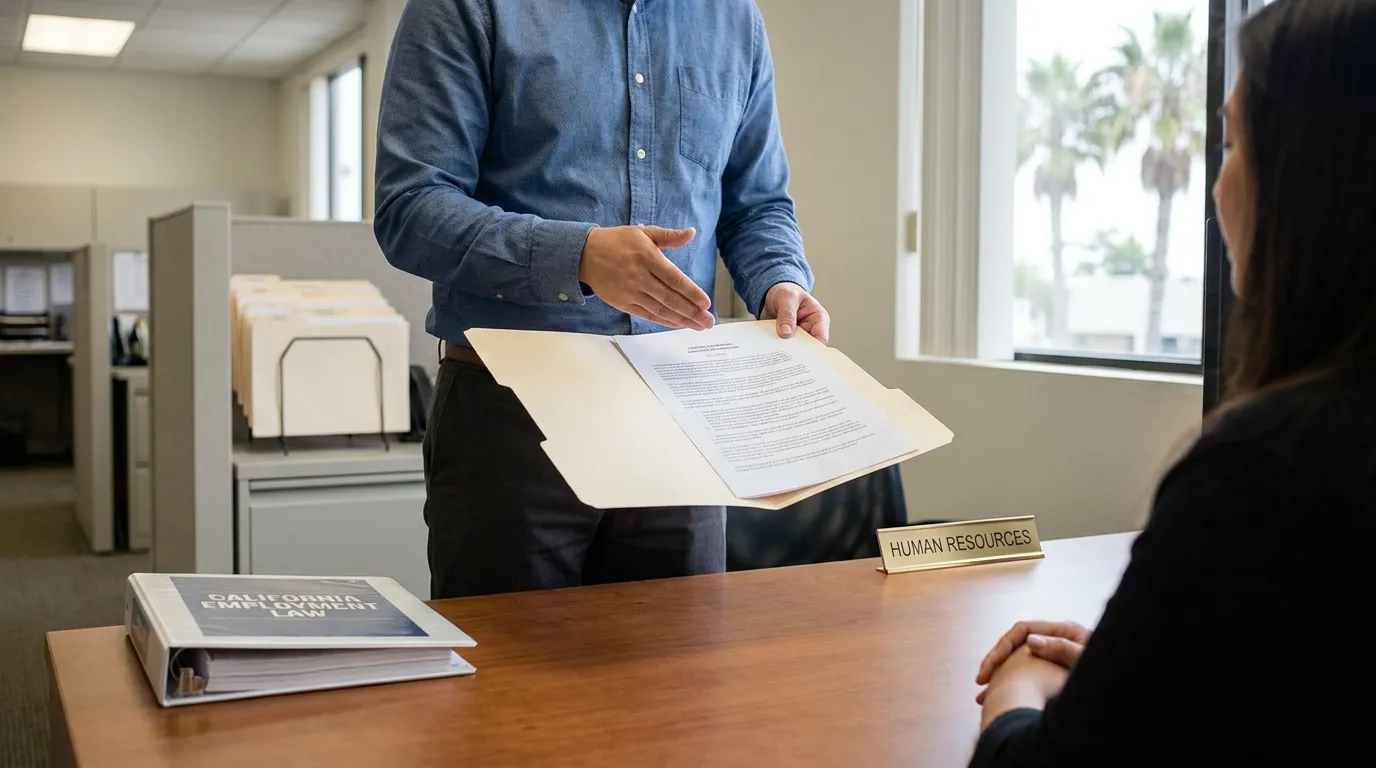 Redondo Beach HR Manager Disability Accommodation Interactive Process Meeting HR representative presenting document folder at Human Resources desk with California Employment Law binder