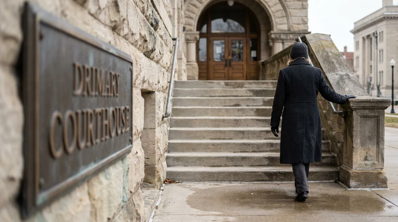 Madison Wisconsin Courthouse Sexual Abuse Civil Lawsuit Filing person ascending courthouse stone steps toward arched wooden entrance doors