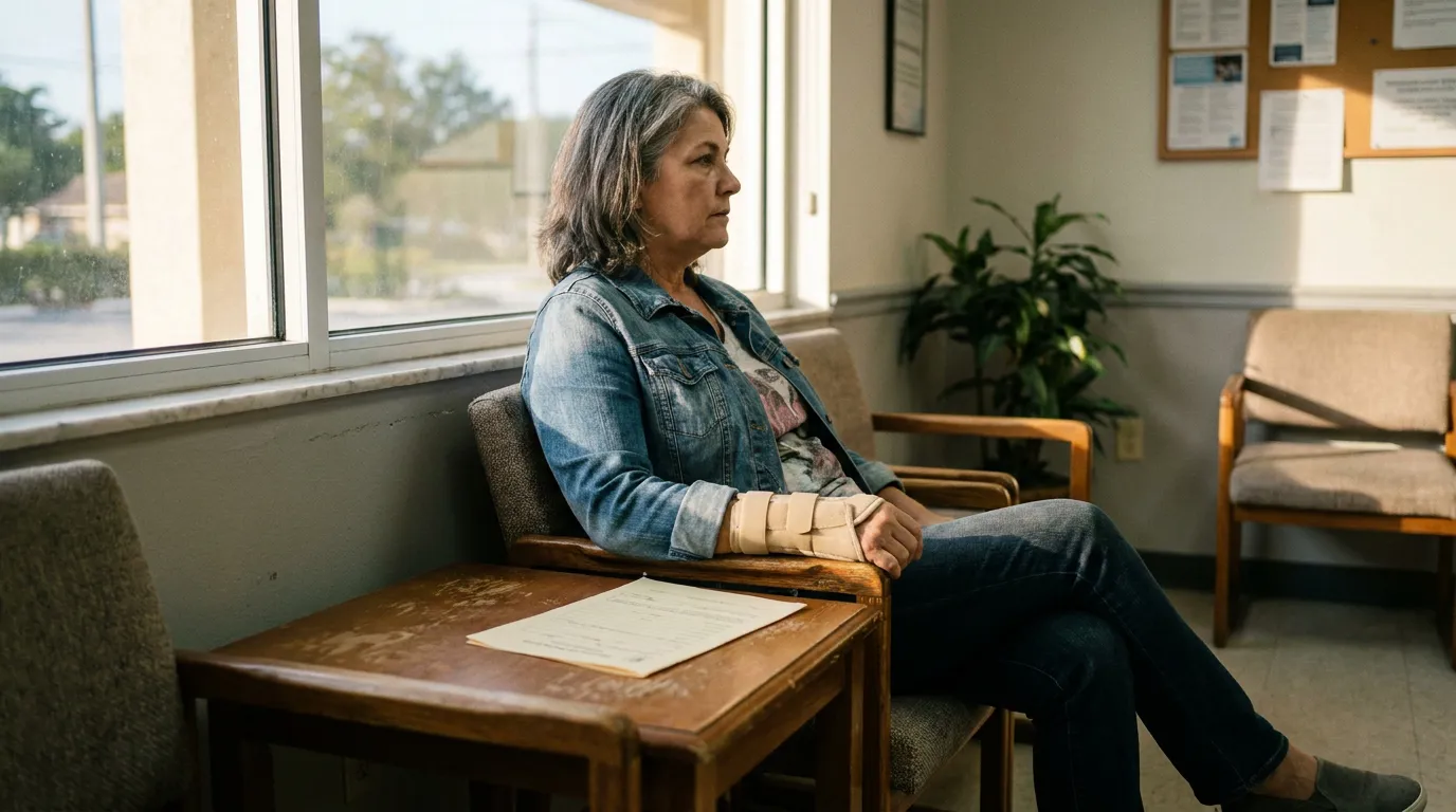Injured Woman Waiting After Slip and Fall Ft Lauderdale woman with wrist brace seated in waiting room beside paperwork on table