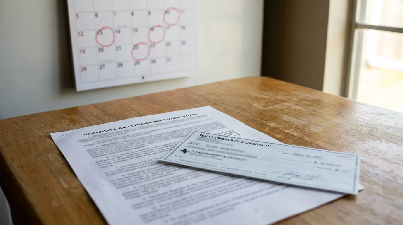 Texas Insurance Code Prompt Payment Penalty Check Houston Texas Insurance Code prompt payment document and Texas Property Casualty check on desk with circled calendar dates
