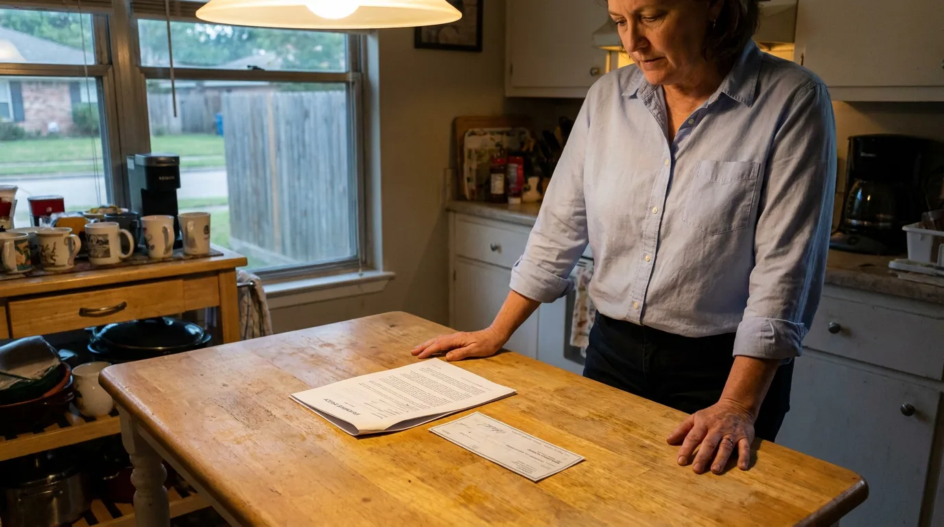 Houston Homeowner Reviewing Insurance Claim Payment Documents woman standing at kitchen table reviewing legal documents and check