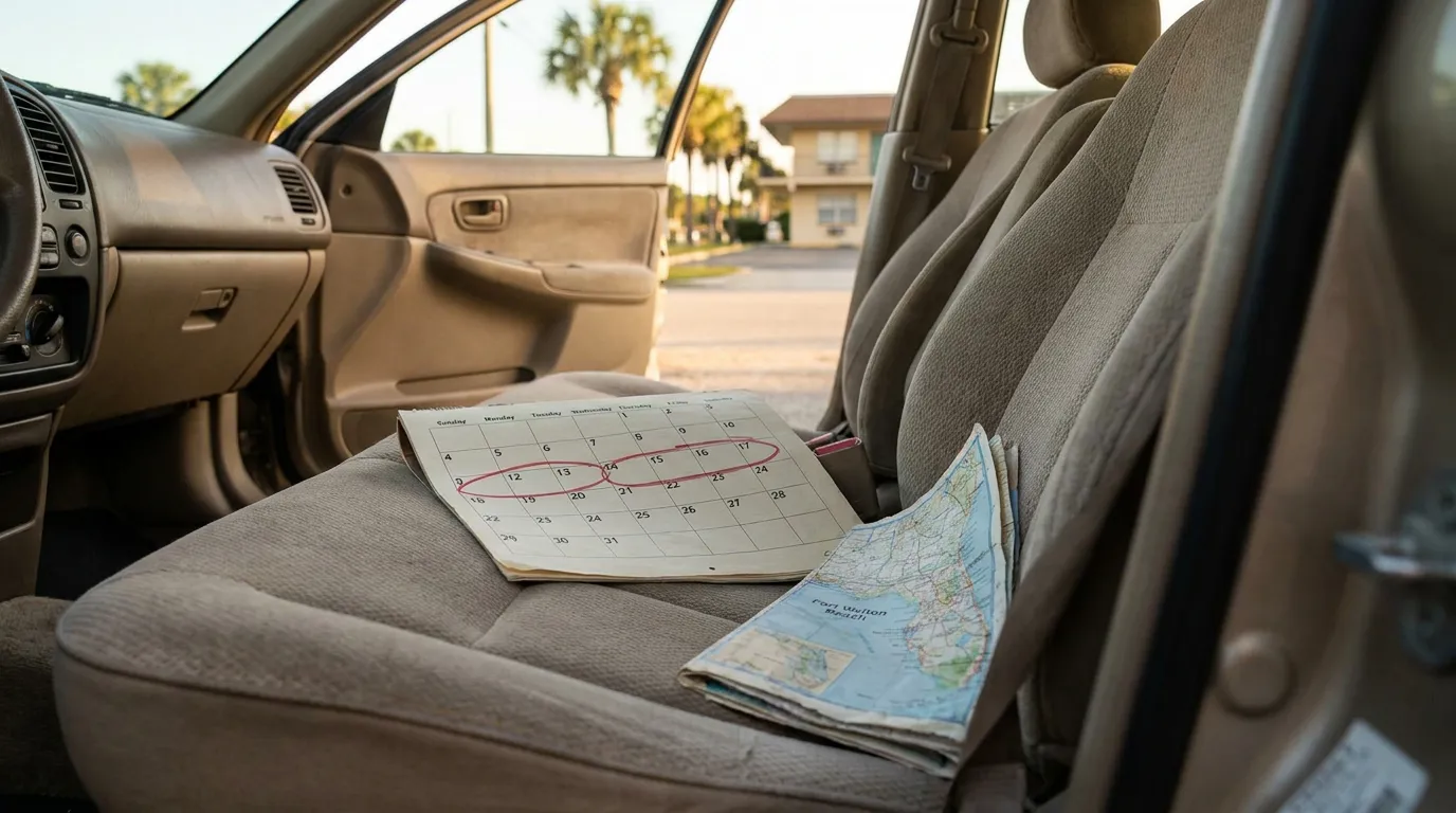 Fort Walton Beach Car Accident 14-Day PIP Deadline Calendar calendar with circled dates and road map resting on car passenger seat