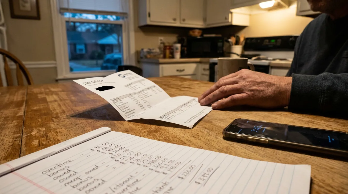 Atlanta Injured Worker Reviewing Overtime and Bonus Pay Records person reviewing pay advice document beside handwritten overtime and wages owed notes