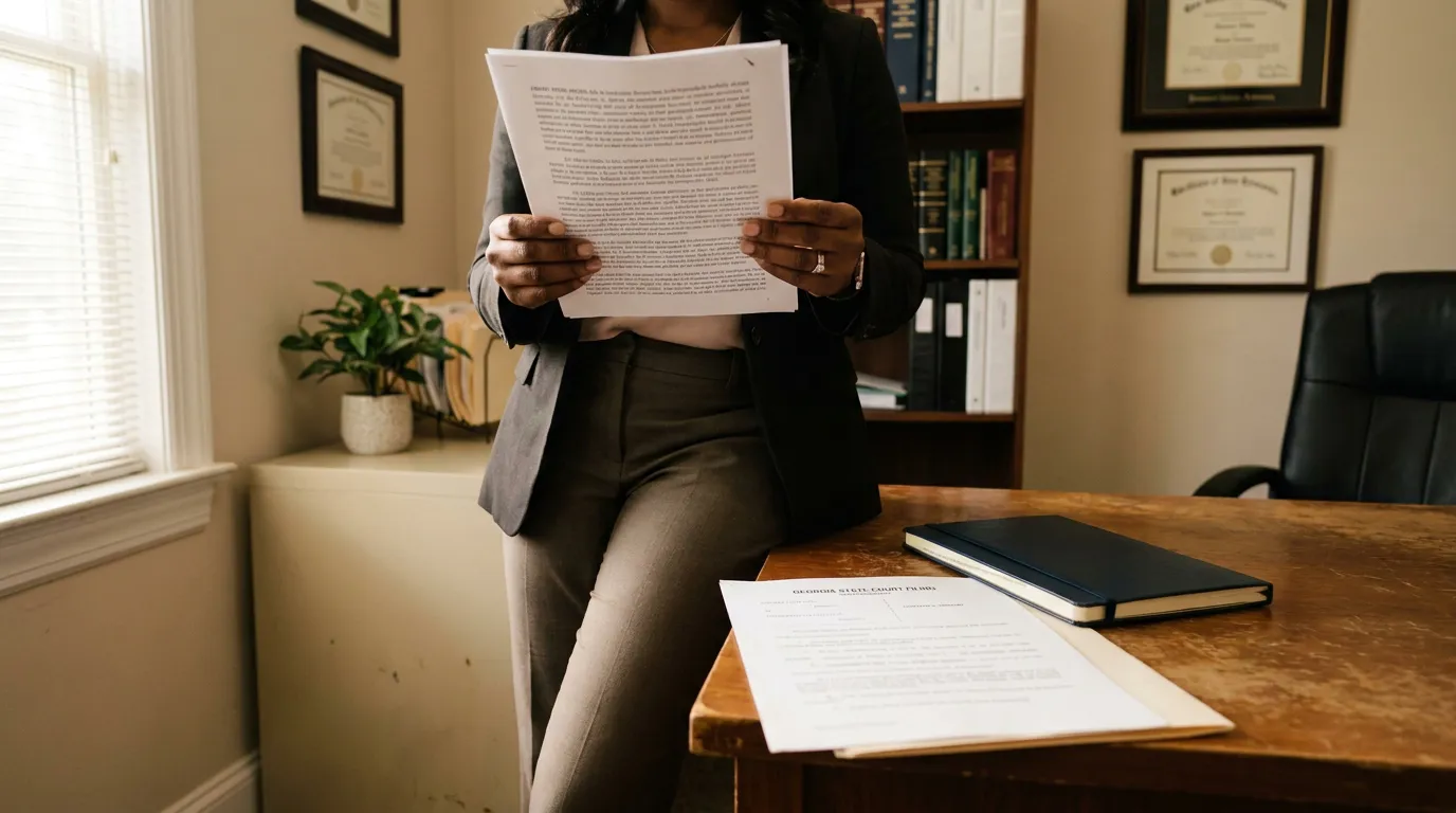 Atlanta Personal Injury Attorney Reviewing Insurance Claim Documents attorney in suit reviewing legal document beside Georgia State Court filing on desk