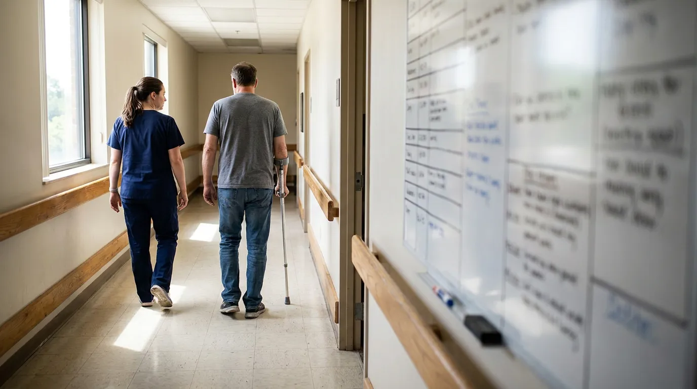 Atlanta Injured Worker on Crutches With Medical Staff nurse in scrubs walking alongside patient using crutch in hospital corridor