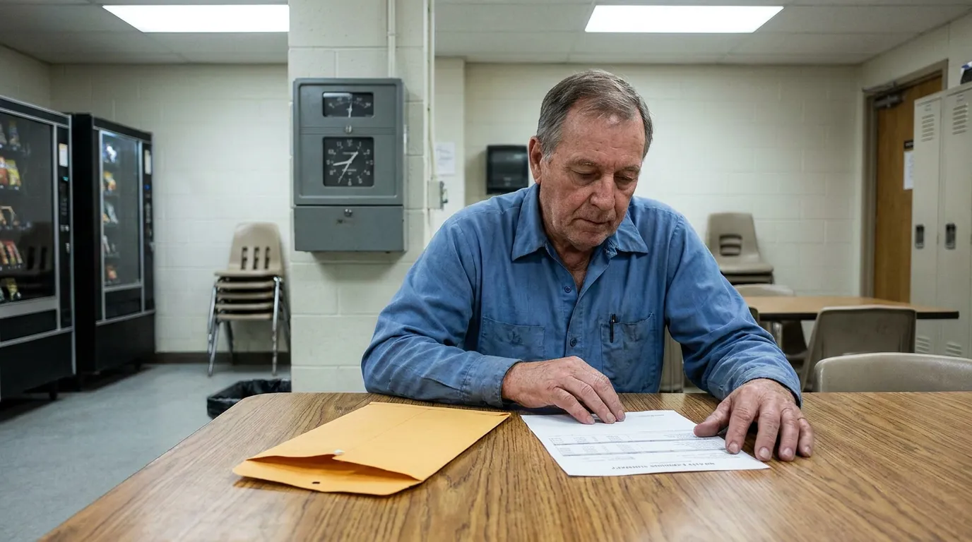 California Worker Reviewing Paycheck With Bonus Overtime male worker reading document from manila envelope in workplace break room