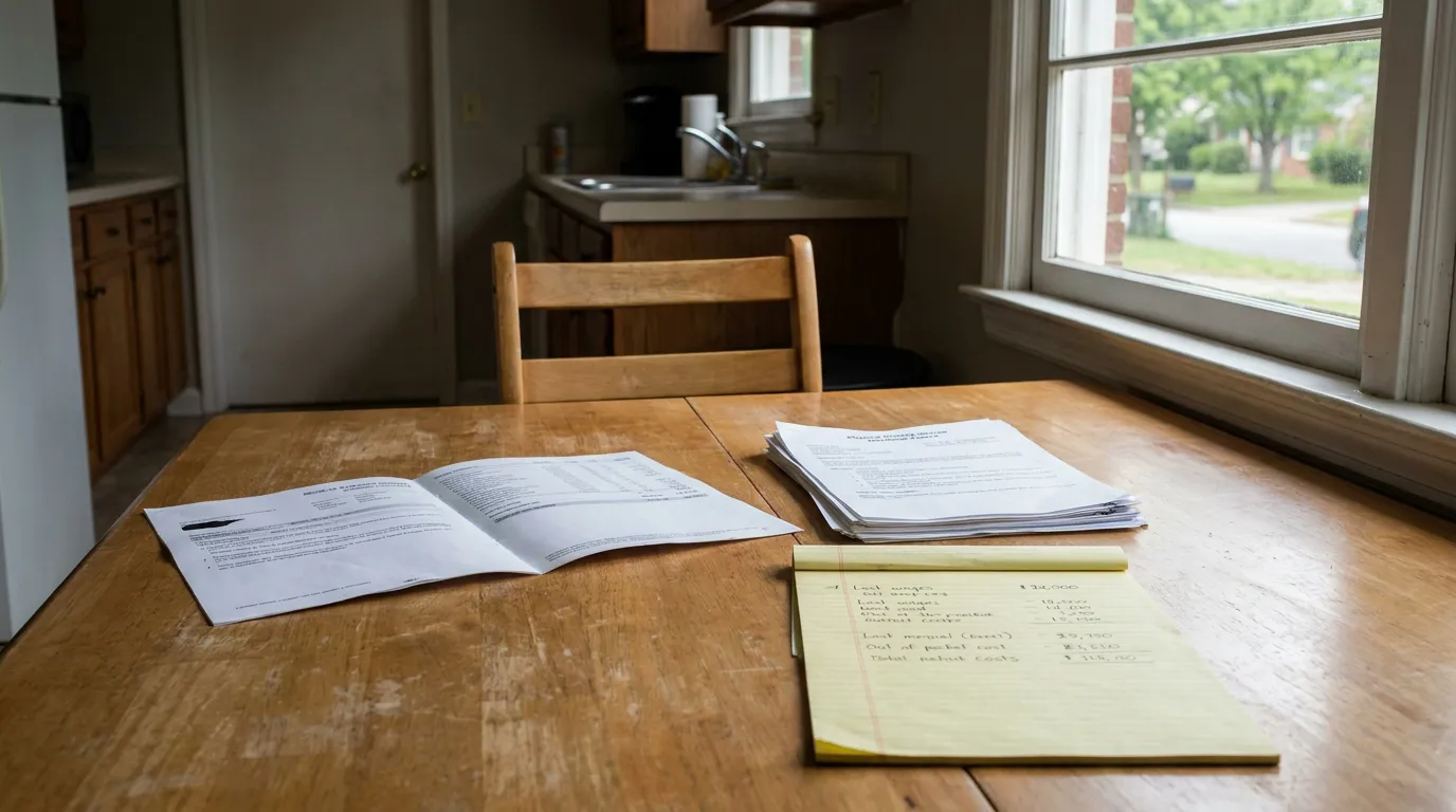 legal documents and handwritten damages notes spread across kitchen table