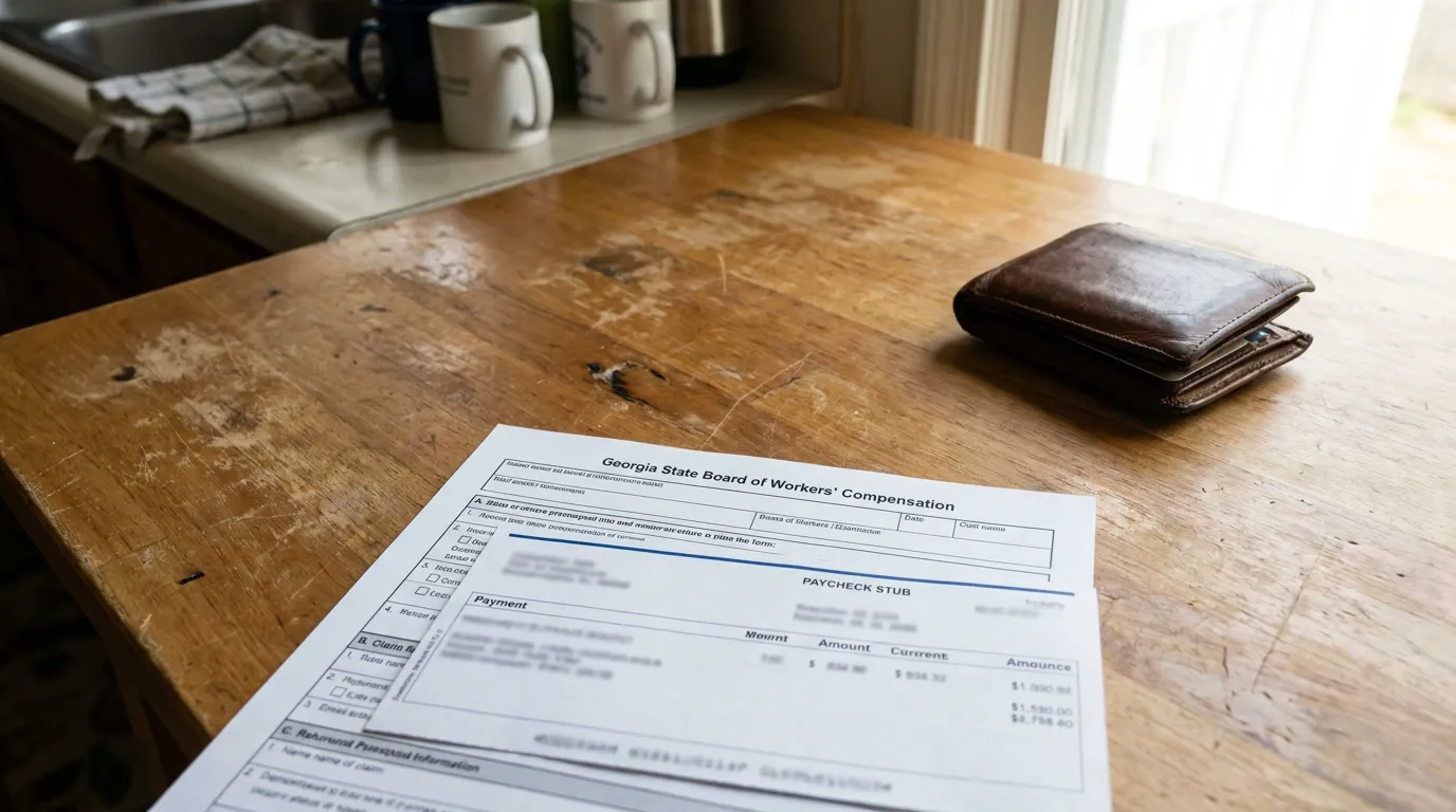 Georgia Workers Comp Form and Paycheck Stub Atlanta Georgia State Board of Workers' Compensation form and paycheck stub on wooden table beside wallet