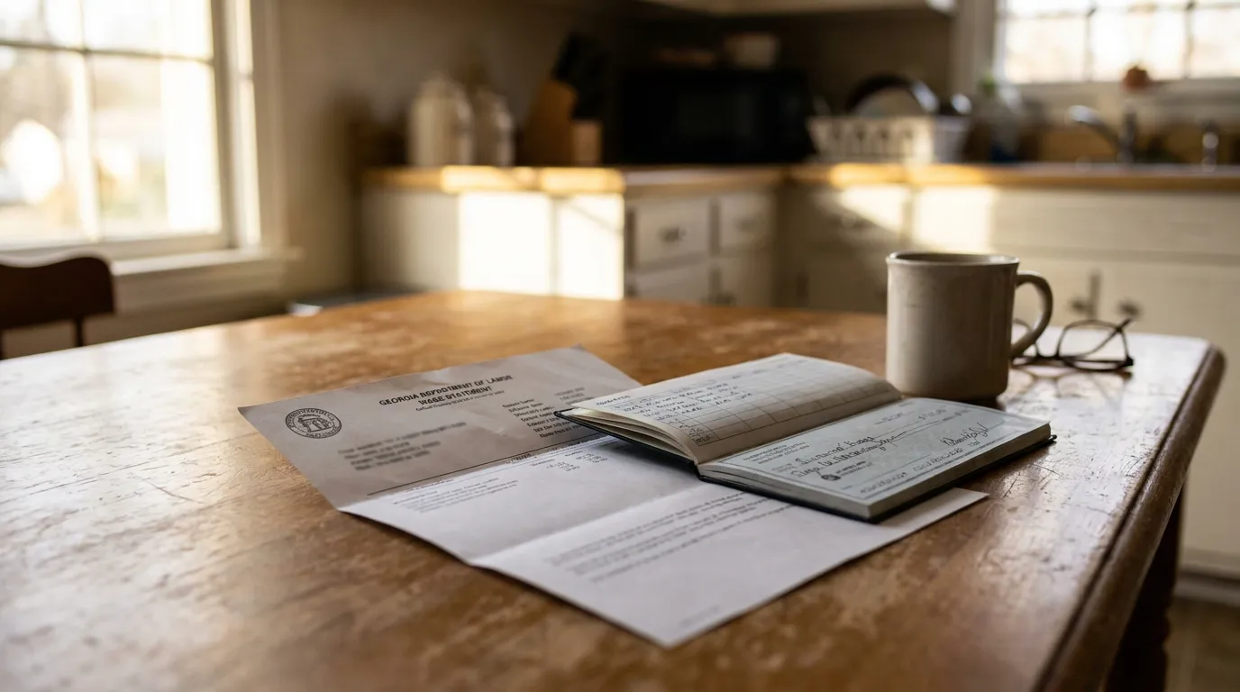 Georgia Department of Labor wage statement and checkbook on kitchen table
