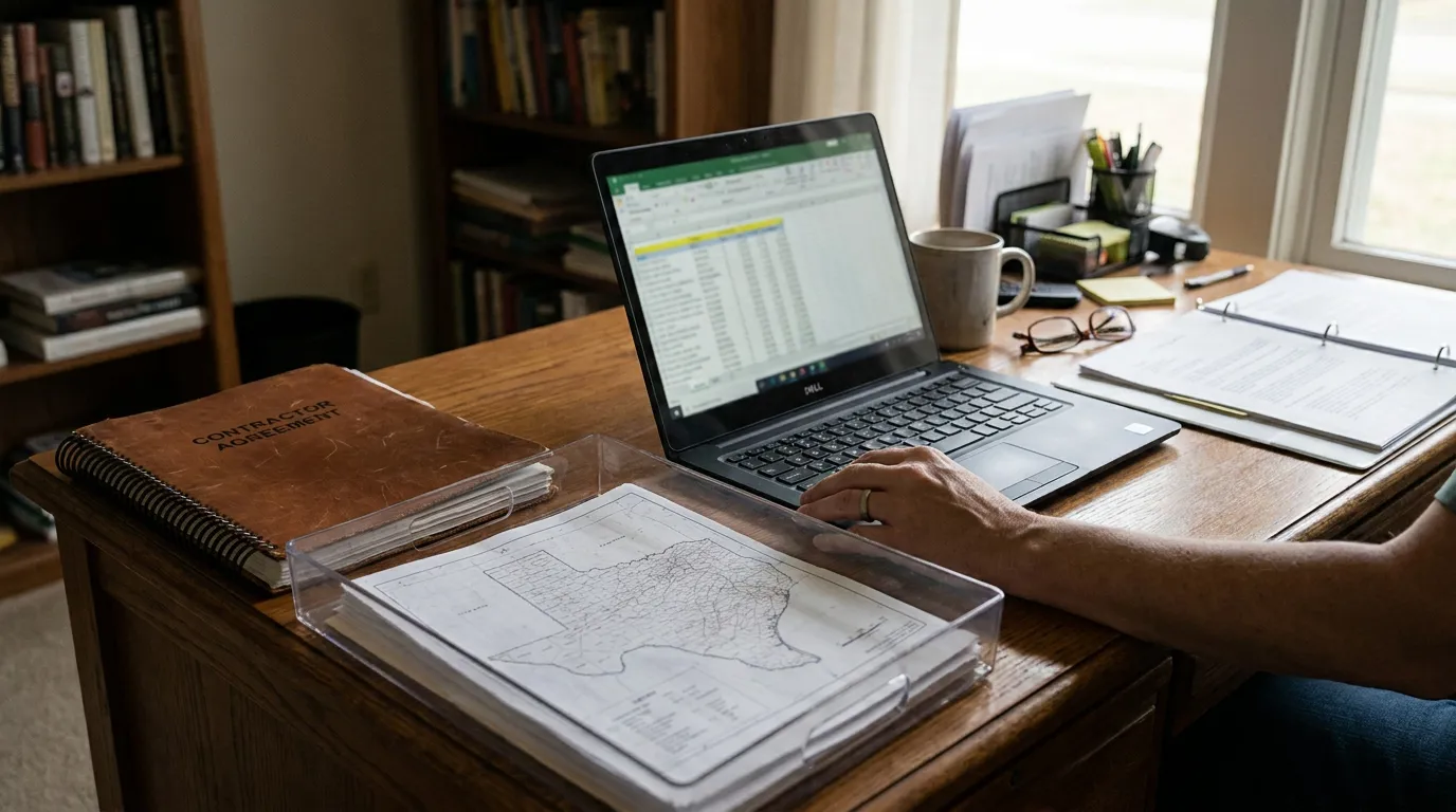 Texas 1099 Worker Reviewing Contractor Agreement and DOL Rule person working on laptop beside Contractor Agreement binder and Texas map document