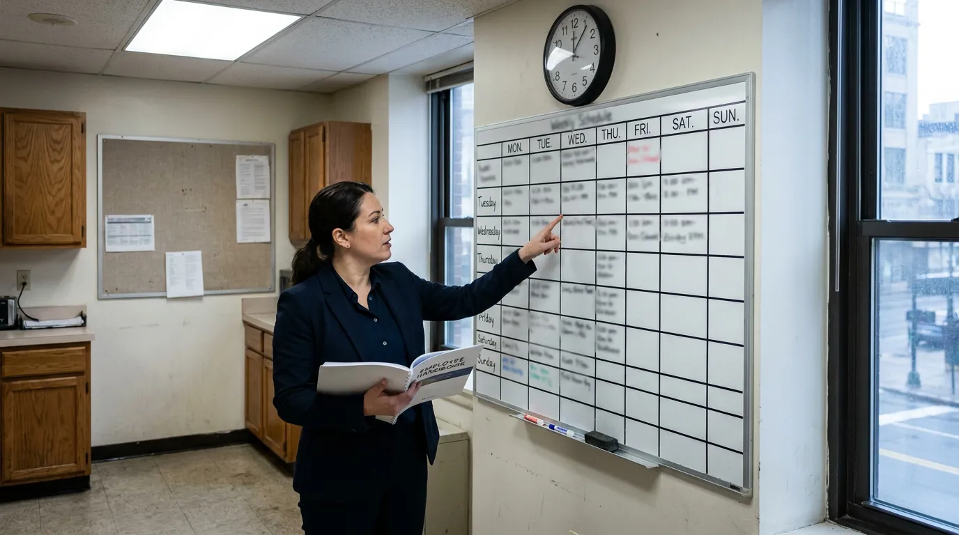 Texas Salaried Employee Reviewing Work Schedule Overtime Rights professional holding employee handbook pointing at weekly schedule whiteboard in workplace