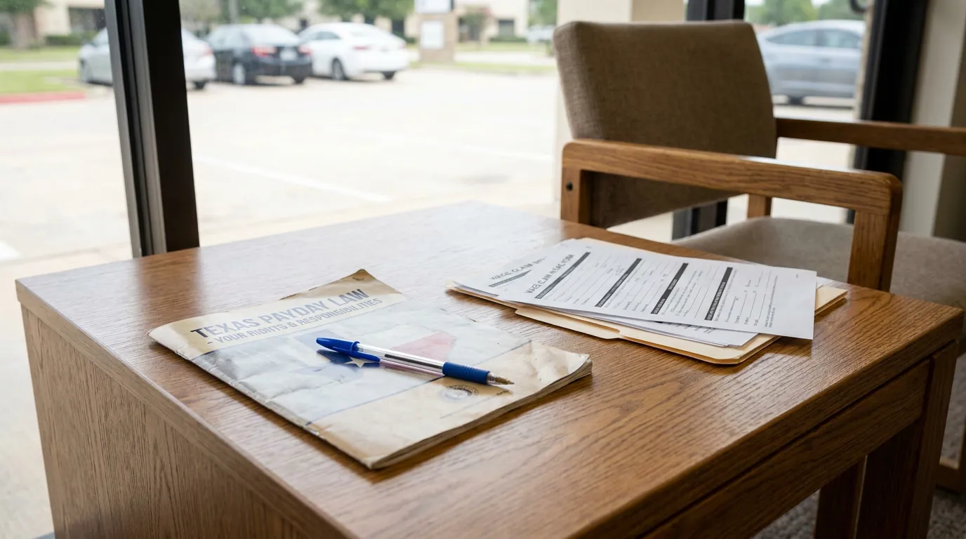 Texas Payday Law Booklet and Wage Claim Forms on Desk Texas Payday Law booklet and wage claim forms on wooden office desk