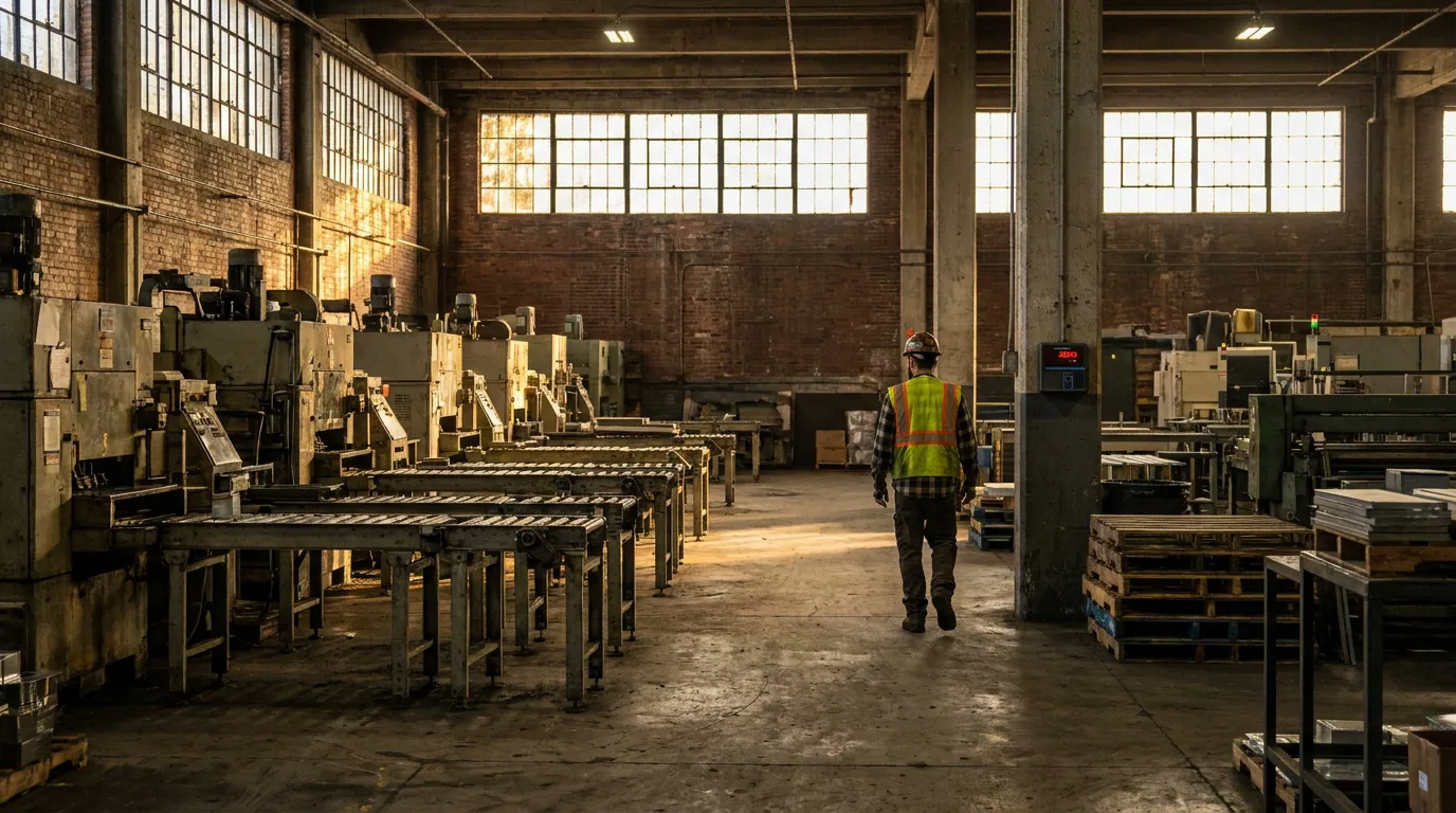 New York Factory Worker Walking Through Manufacturing Plant worker in hard hat and safety vest walking through industrial factory floor