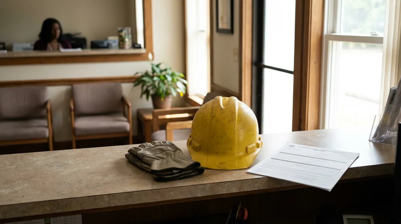 construction hard hat, work gloves, and legal document on law office reception desk
