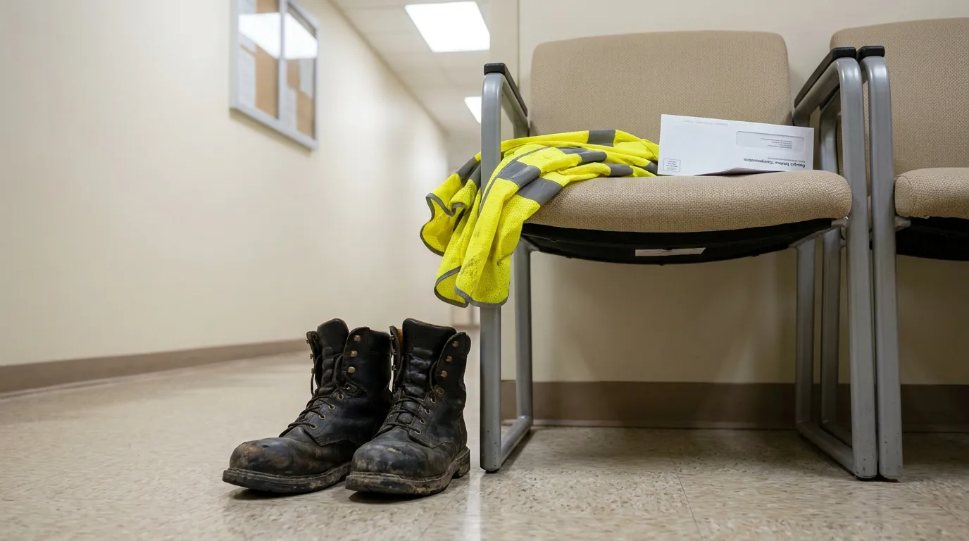 Atlanta Workers Comp Death Benefits Claim Office worn work boots and high-visibility vest beside waiting room chair with envelope