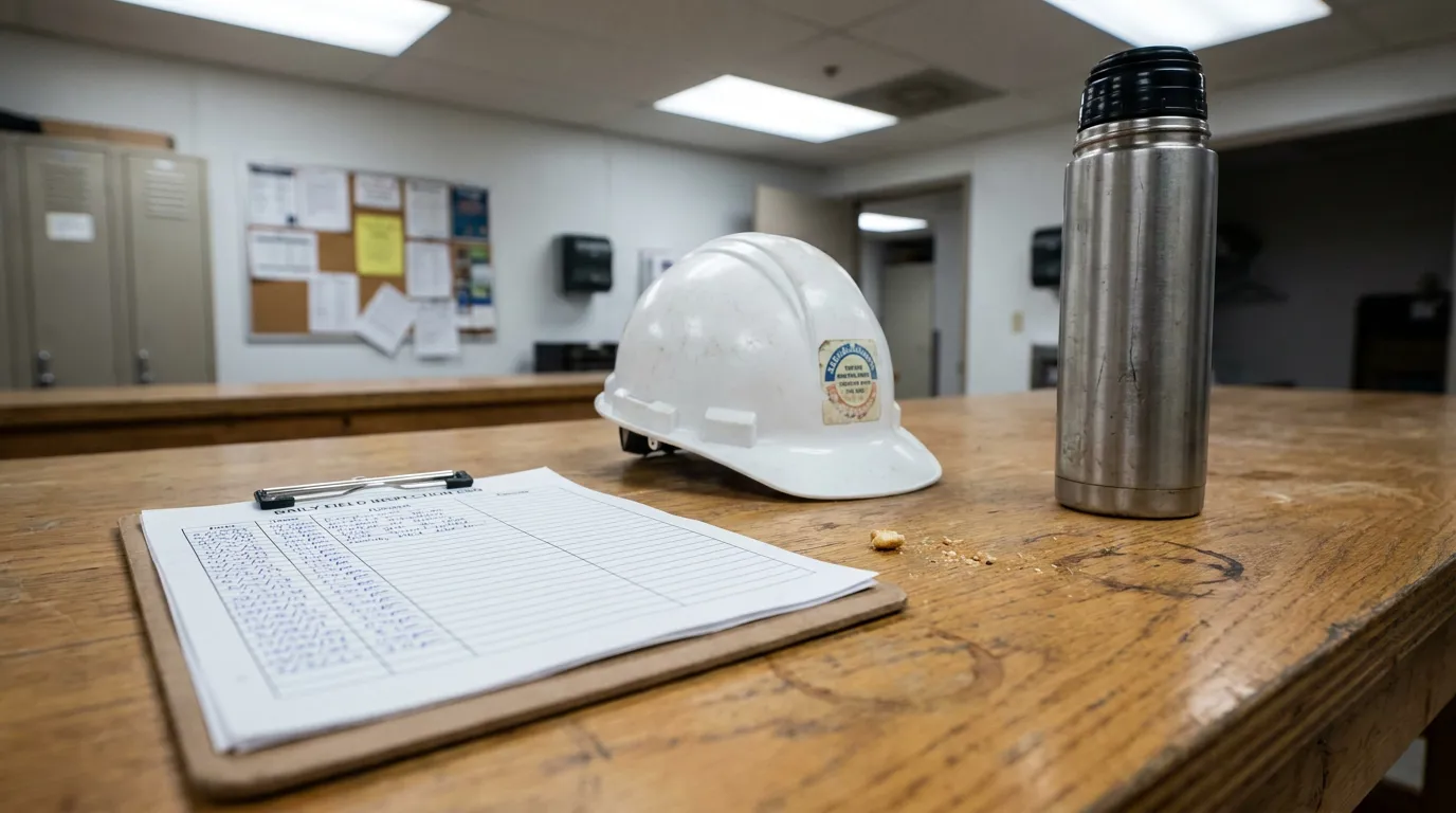 Texas Pipeline Inspector Daily Field Inspection Log Hard Hat daily field inspection form clipboard hard hat and thermos on worksite table