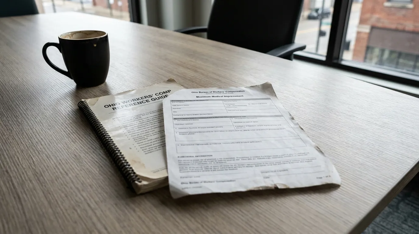 Ohio Workers' Comp Reference Guide and Bureau of Workers' Compensation Maximum Medical Improvement form on desk